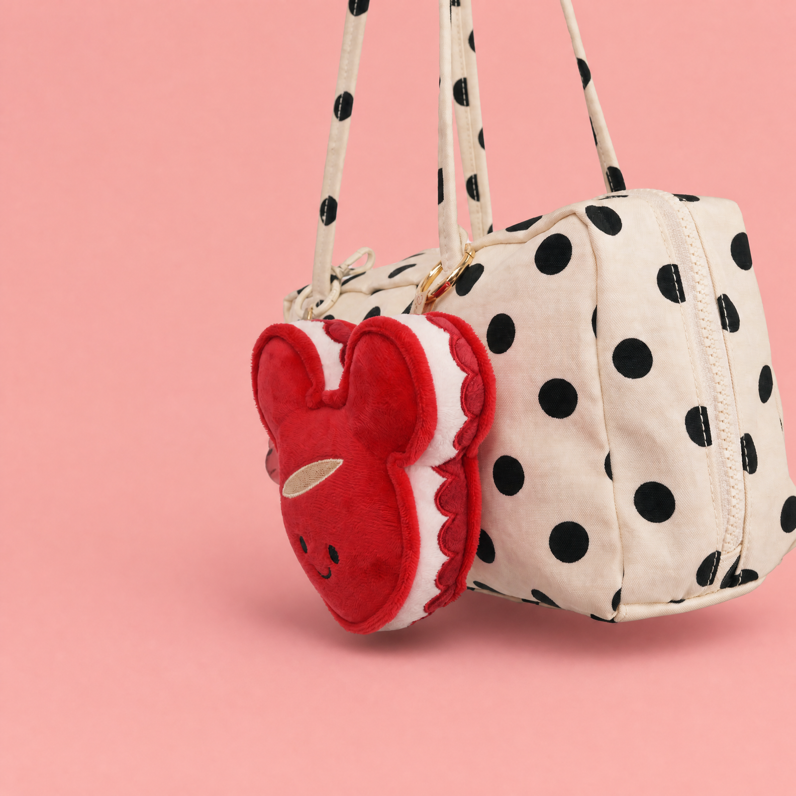 Close-up of the macaron plush bag charm shell detail